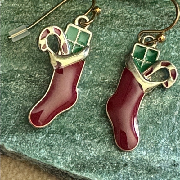 Vintage Avon Red Stocking Gold Dangle Hook Earrings ~ Candy Cane and Present 166 - Picture 3 of 8
